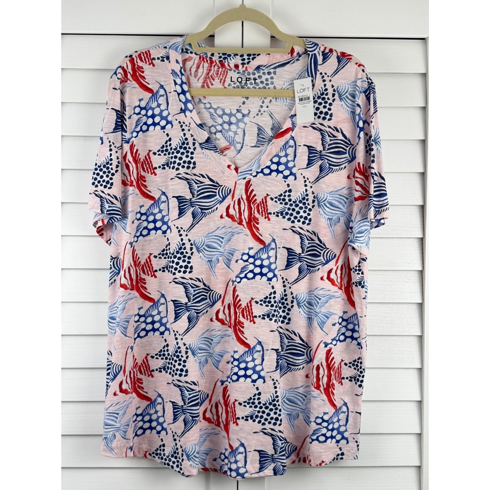 Loft T-Shirt XXL Pink Nautical Fish Print V-Neck Short Sleeve NEW